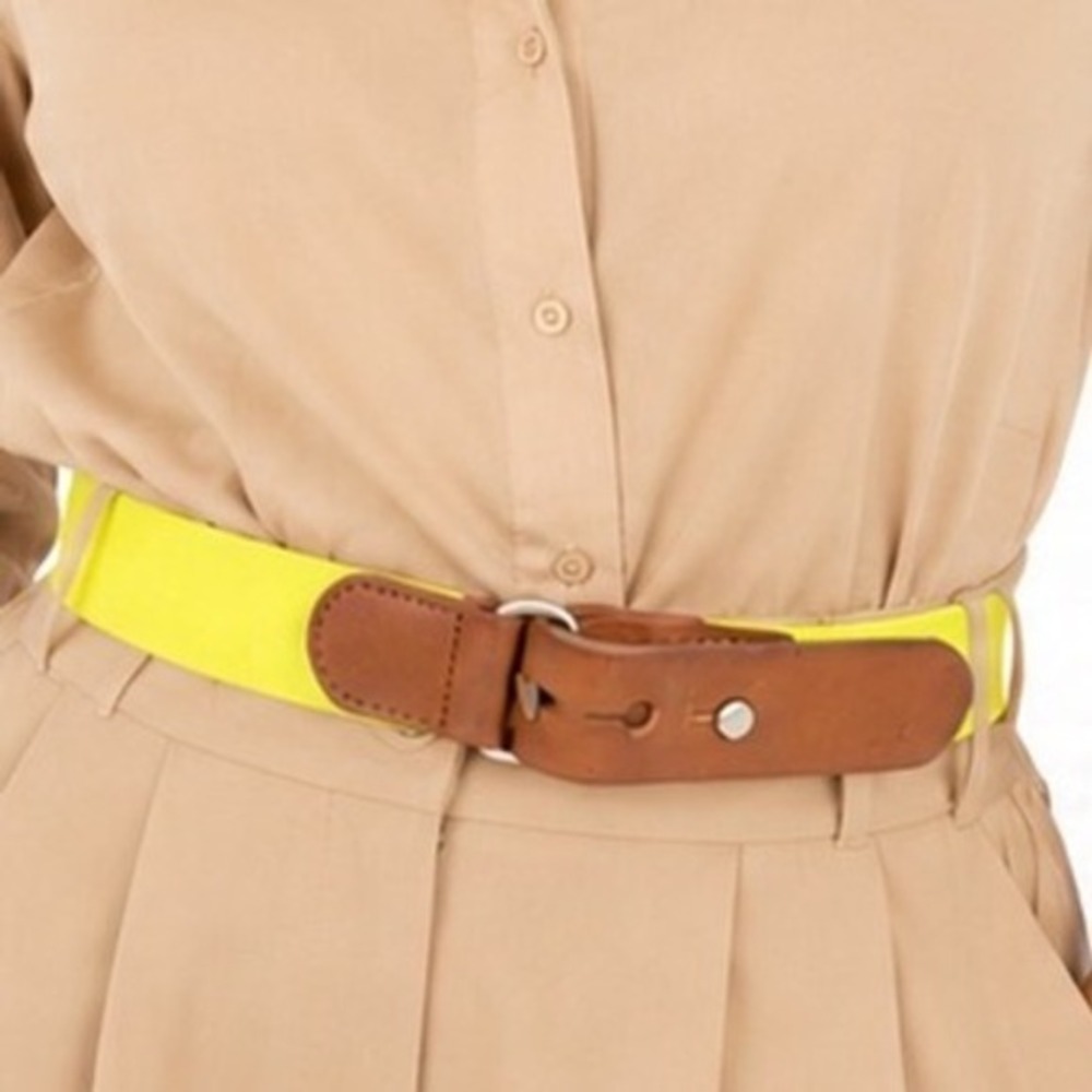 LOFT Neon Yellow Elastic Stretch‎ Belt Brown Leather Stud Closure Trim Y2K 47-32